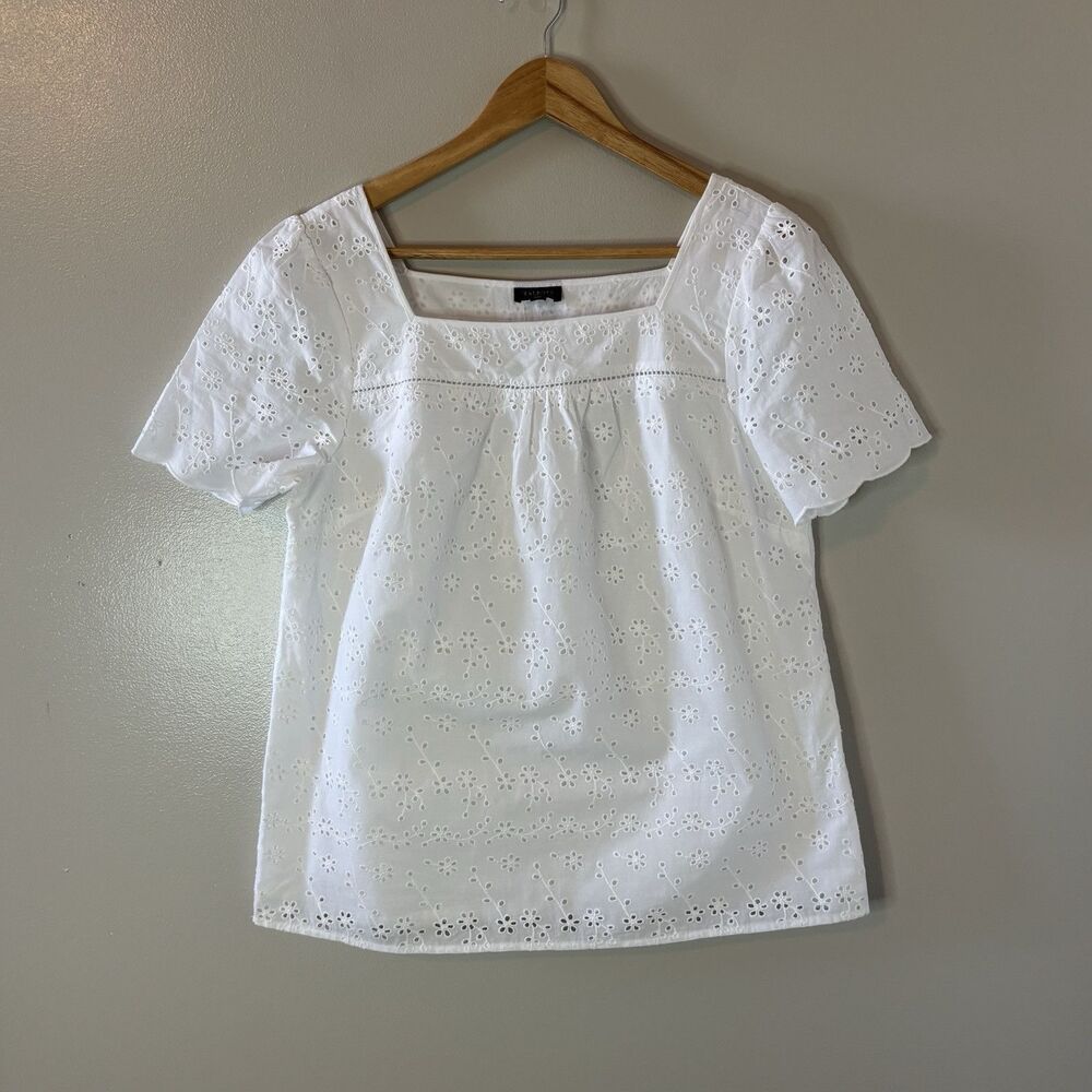 Talbots Eyelet Short Sleeve Top White Peasant Cottage Blouse Sz Medium Petite